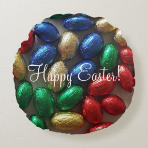 Happy Easter Greeting Colourful Chocolate Eggs Round Pillow