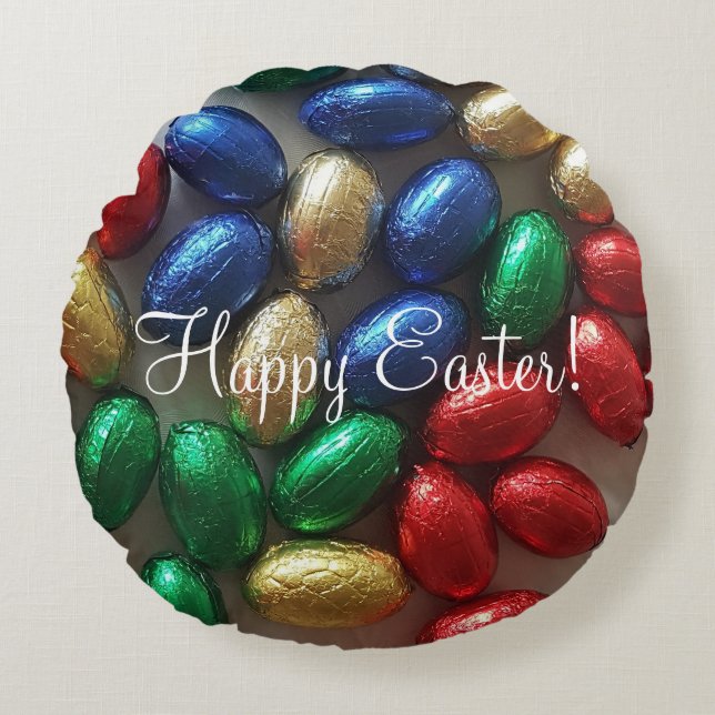 Happy Easter Greeting Colourful Chocolate Eggs Round Pillow (Front)