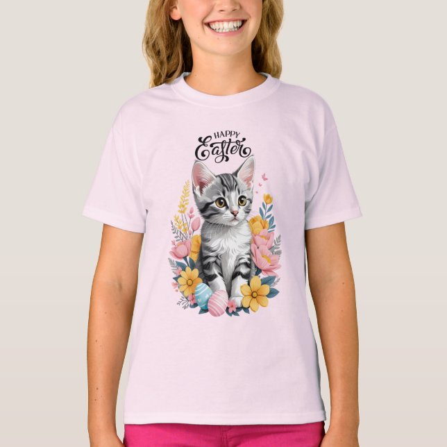 Happy Easter Grey Tabby with flowers T-Shirt (Front)