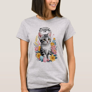 Happy Easter Grey Tabby with flowers T-Shirt