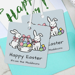 Happy Easter Hand Drawn Doodle Whimsical Bunnies Metal Ornament