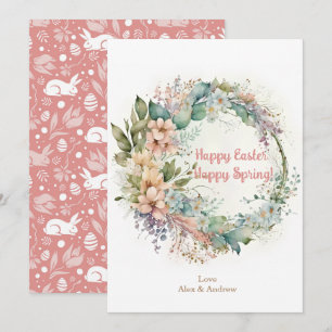Happy Easter Happy Spring Rose Pink Floral Wreath Holiday Card