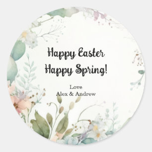 Happy Easter Happy Spring Watercolor Floral Classic Round Sticker
