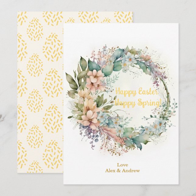 Happy Easter Happy Spring Yellow Floral Wreath Holiday Card (Front/Back)