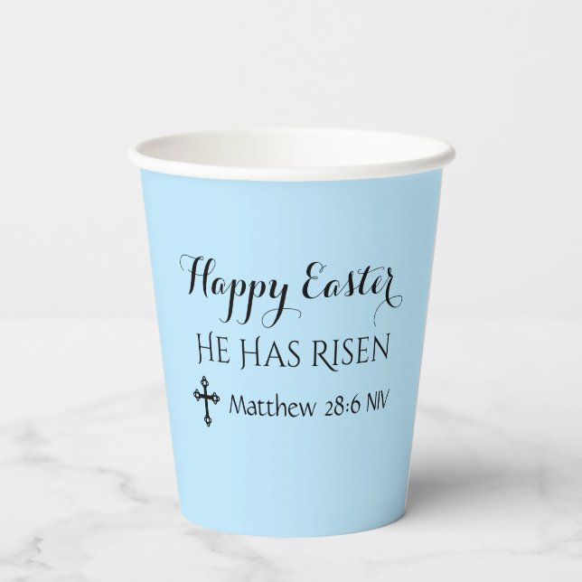 Happy Easter He Has Risen Bible Verse Light Blue Paper Cups (Back)