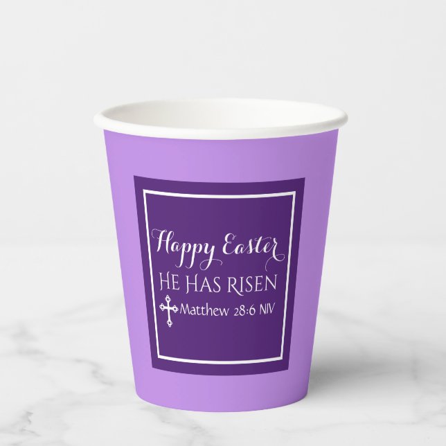 Happy Easter He Has Risen Bible Verse Purple Paper Cups (Front)