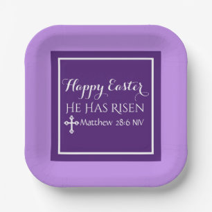 Happy Easter He Has Risen Bible Verse Purple Paper Plate