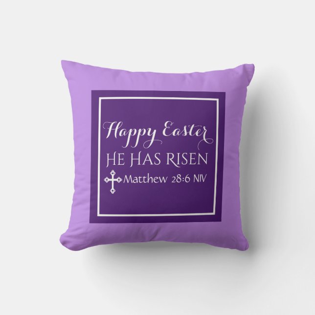 Happy Easter He Has Risen Bible Verse Purple Throw Pillow (Front)
