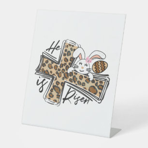 Happy Easter He Is Risen Jesus Cross Easter Bunny Pedestal Sign