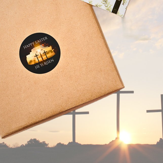 Happy Easter He is Risen Three Crosses Holiday  Classic Round Sticker (Creator Uploaded)