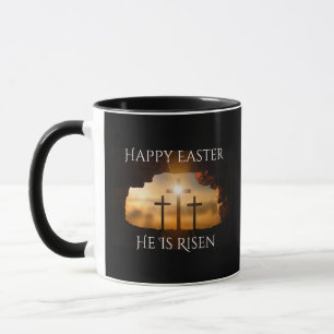 Happy Easter He is Risen Three Crosses Holiday Mug