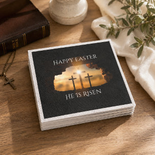 Happy Easter He is Risen Three Crosses Holiday  Napkin