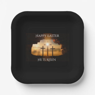 Happy Easter He is Risen Three Crosses Holiday  Paper Plate