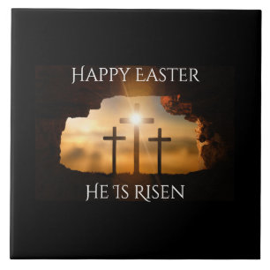 Happy Easter He is Risen Three Crosses Holiday Tile