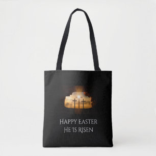 Happy Easter He is Risen Three Crosses Tote Bag