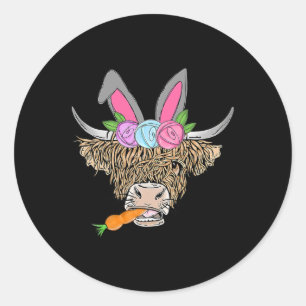Happy Easter Heifer Highland Cow With Bunny Ears C Classic Round Sticker