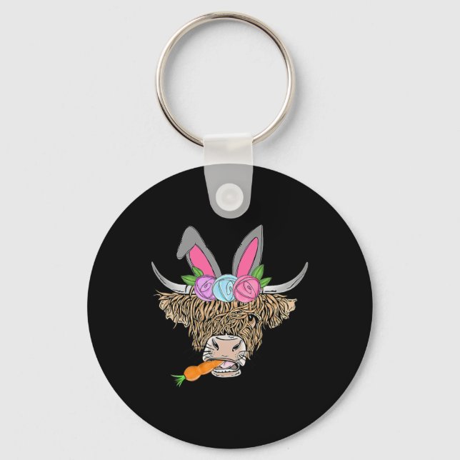 Happy Easter Heifer Highland Cow With Bunny Ears C Keychain (Front)