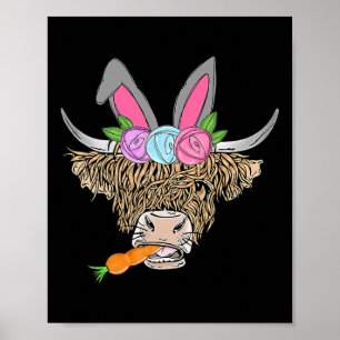 Happy Easter Heifer Highland Cow With Bunny Ears C Poster