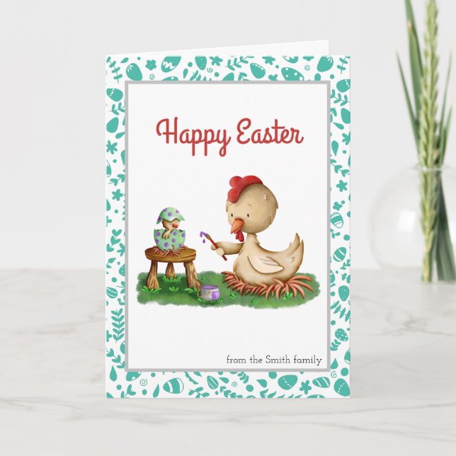 Happy Easter Hen painting eggs personalized Easter Card (Front)