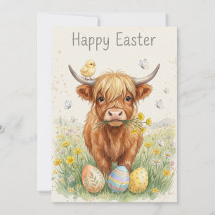 Happy Easter Highland Cow Chick & Eggs Holiday Card