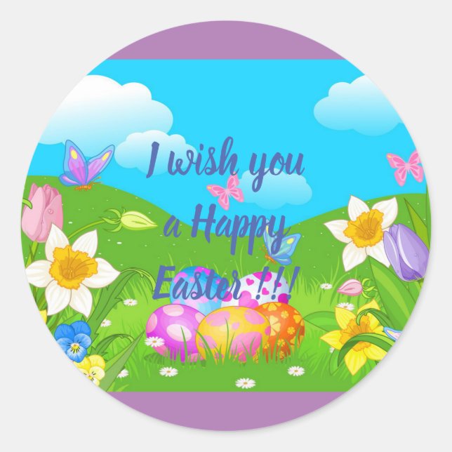 Happy Easter Holiday Trendy Bunny Floral Classic Round Sticker (Front)