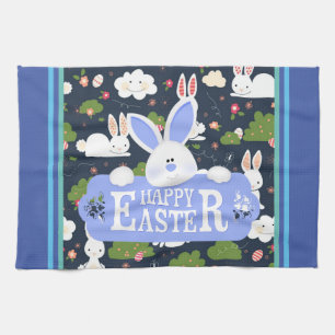 Happy Easter Holiday Trendy Bunny Floral Kitchen Towel