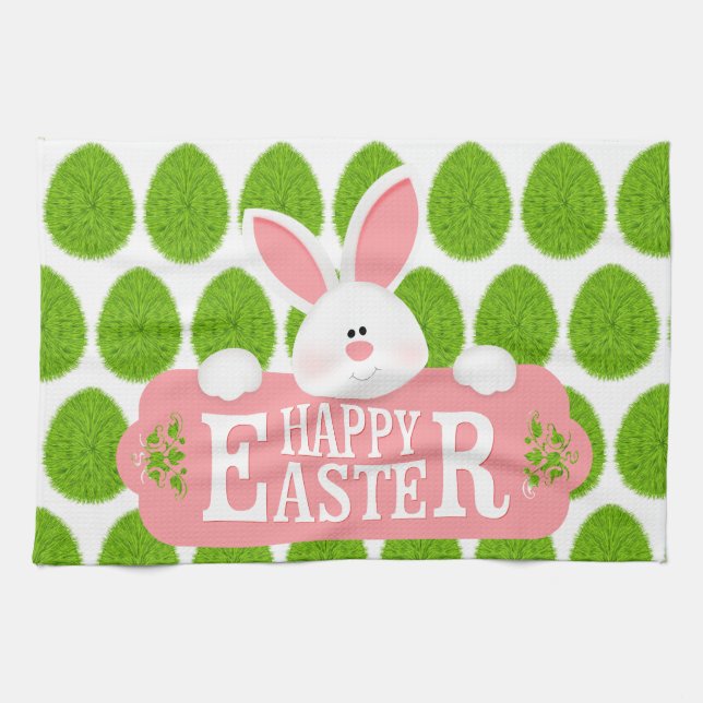 Happy Easter Holiday Trendy Bunny Floral Kitchen Towel (Horizontal)
