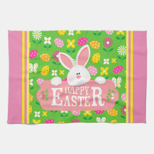 Happy Easter Holiday Trendy Bunny Floral Kitchen Towel