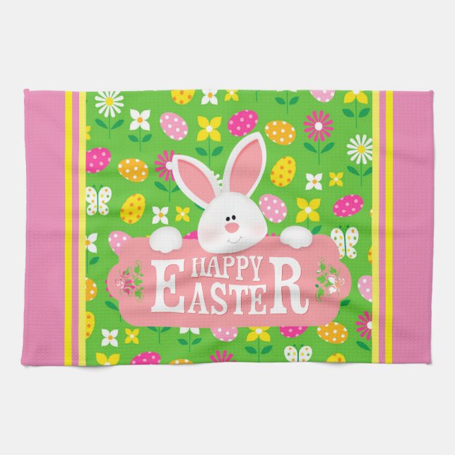 Happy Easter Holiday Trendy Bunny Floral Kitchen Towel (Horizontal)