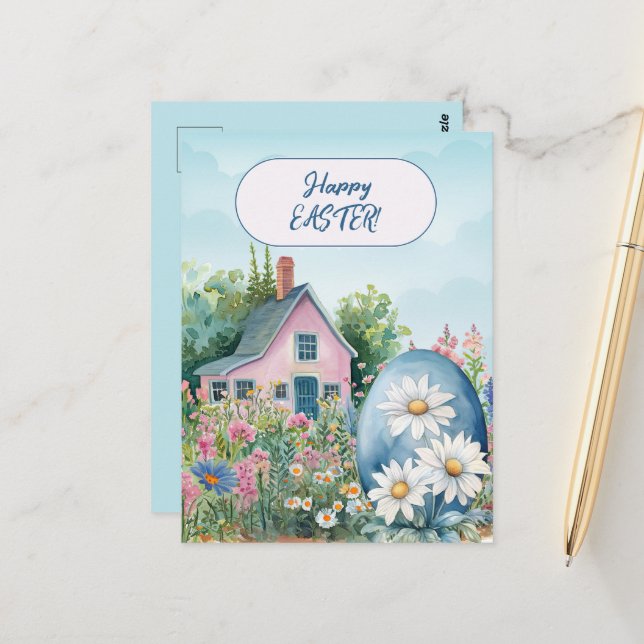 Happy Easter Home Giant Easter Egg Daisies Postcard (Front/Back In Situ)