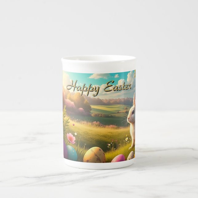 Happy Easter in a Spring Landscape Bone China Mug (Front)