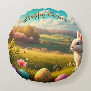 Happy Easter in a Spring Landscape Round Pillow