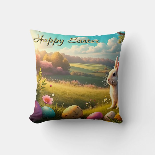 Happy Easter in a Spring Landscape Throw Pillow (Front)