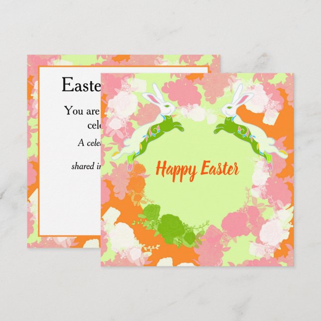 Happy Easter Invitation Card – Cute Bunny Floral  (Front/Back)
