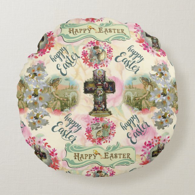 Happy Easter Jesus Resureccion Angel Wreaths  Round Pillow (Front)