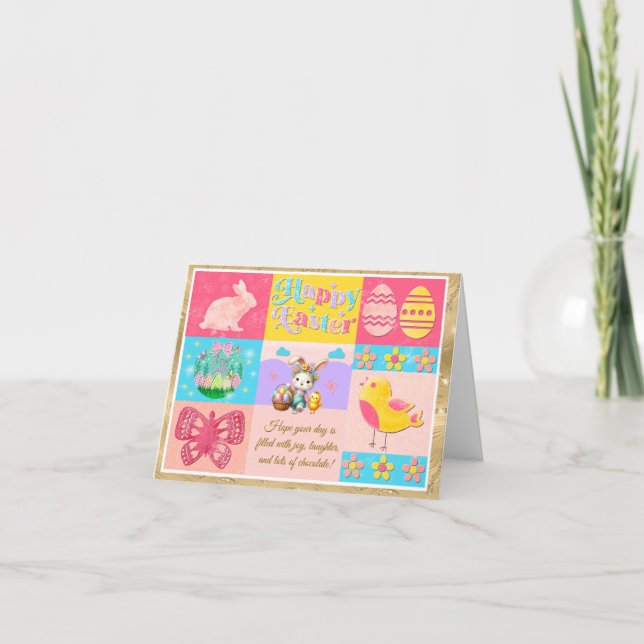 Happy Easter Joy with Bunny, Chick, Eggs & Flowers Card (Front)