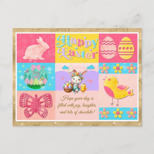 Happy Easter Joy with Bunny, Chick, Eggs & Flowers Postcard (Front)