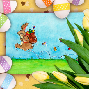 Happy Easter Jumping Bunny with Eggs Holiday Postcard