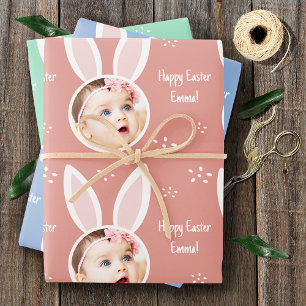 Happy Easter Kid Photo with Bunny Ears Pastel Wrapping Paper Sheet