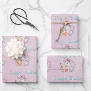 Happy Easter Lamb and Eggs On Pink Wrapping Paper Sheet