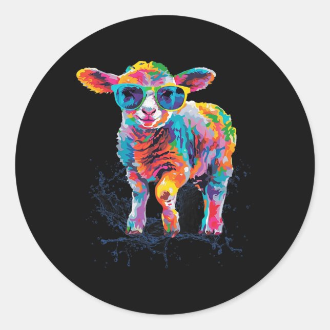 Happy Easter Lamb Sheep Colourful Artwork With Sun Classic Round Sticker (Front)