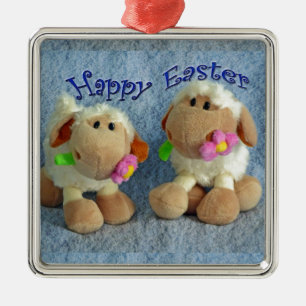 Happy Easter Lambs Metal Ornament