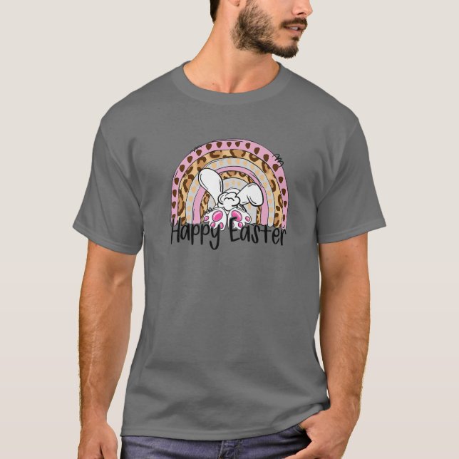 Happy Easter Leopard Rainbow Cute Bunny Tail Easte T-Shirt (Front)