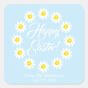 Happy Easter light blue daisy floral frame custom  Square Sticker
