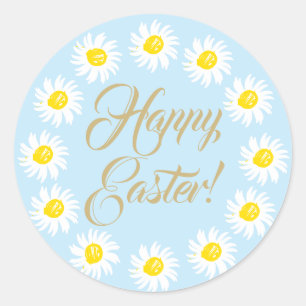 Happy Easter light blue script cute daisy floral Classic Round Sticker