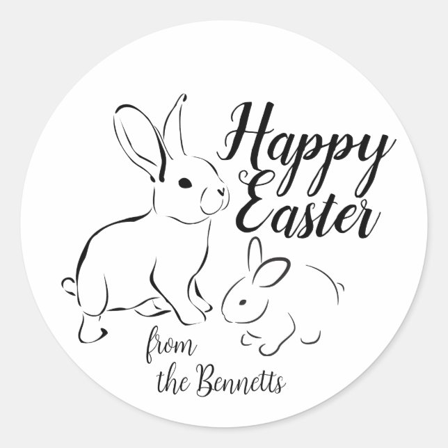 Happy Easter Line Art Bunny Rabbit Editable Name   Classic Round Sticker (Front)