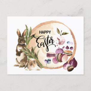 Happy Easter Macaroons Bunnies with Spring Fruit Holiday Postcard