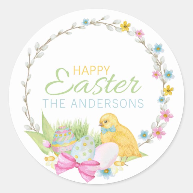 Happy Easter Modern Chick Eggs Floral Wreath Classic Round Sticker (Front)