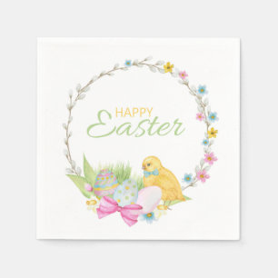 Happy Easter Modern Chick Eggs Floral Wreath Napkin