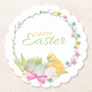 Happy Easter Modern Chick Eggs Floral Wreath Paper Coaster